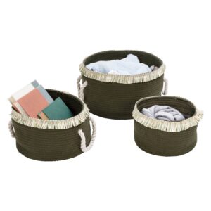Cotton Rope Nesting Baskets with Fringe (Set of 3) - Olive Green and White