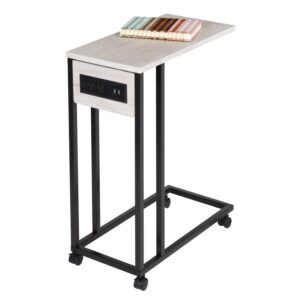 C-Shapedd Accent Side Table with Outlets and Wheels - Gray and Black